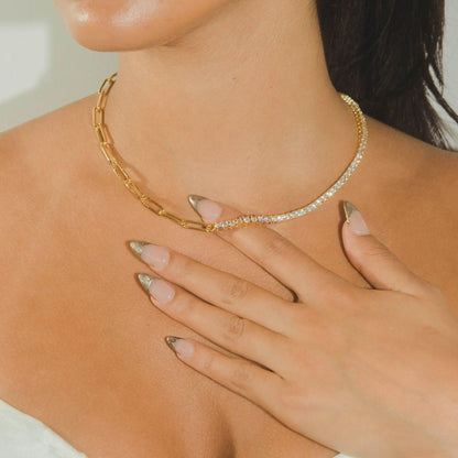 Half Tennis Half Hermes Necklace - Gold - Cartice™LuxuryJewelryGoldSilverWatchBraceletNecklaceChainIced-outCubanMoissaniteTarnish-freeStainlessDurablePremiumShinePlatedStatementDiamondAffordable