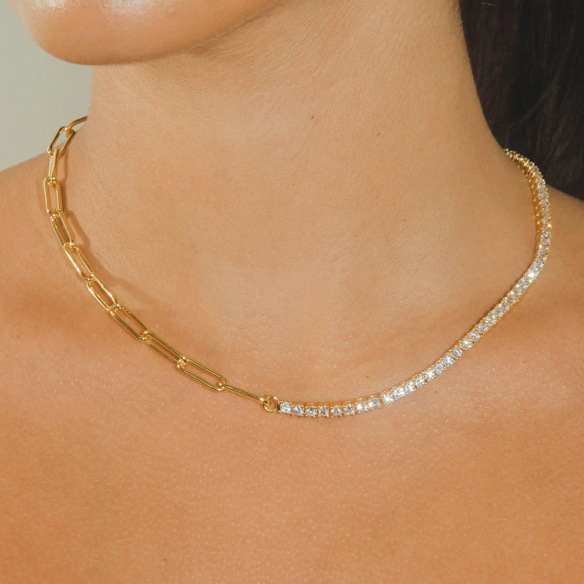 Half Tennis Half Hermes Necklace - Gold - Cartice™LuxuryJewelryGoldSilverWatchBraceletNecklaceChainIced-outCubanMoissaniteTarnish-freeStainlessDurablePremiumShinePlatedStatementDiamondAffordable